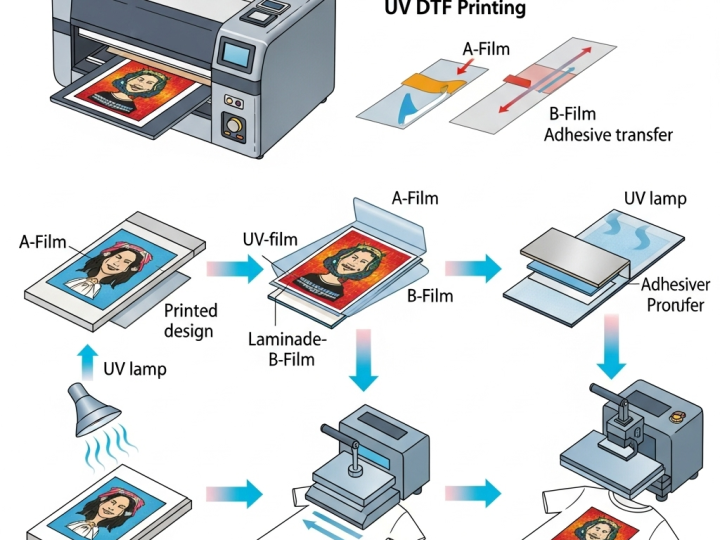 Sơ đồ mô tả nguyên lý hoạt động của công nghệ in UV DTF